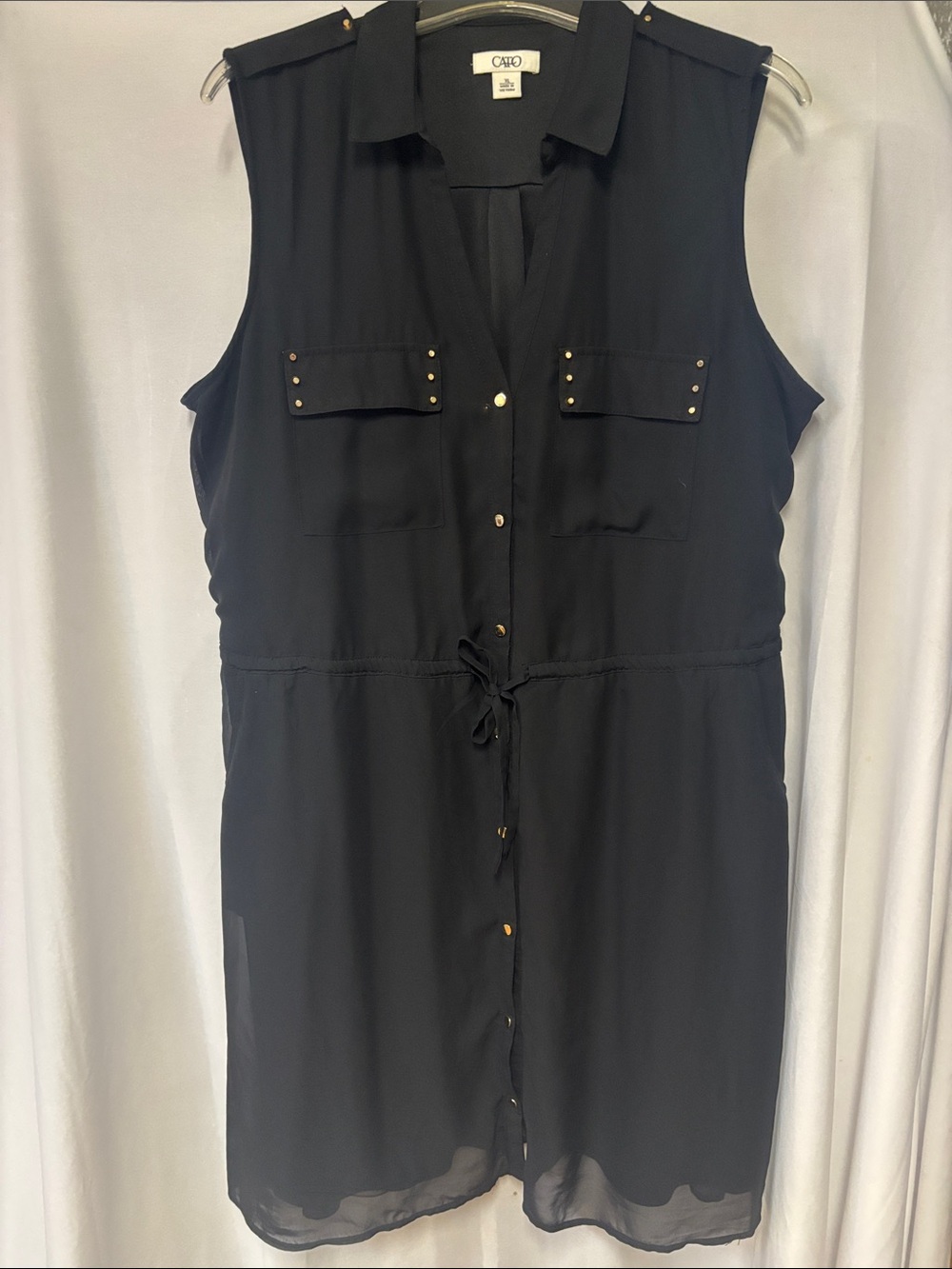 Cato Black Sleeveless Button-Front Drawstring Shirt Dress